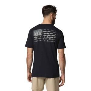 Columbia Men's Small PFG Americana Saltwater Fish Flag black short sleeve TShirt
